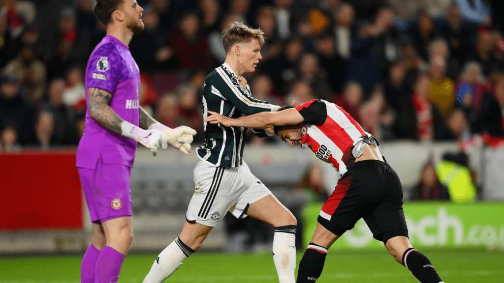 Neal Maupay on loan at Brentford against Manchester United