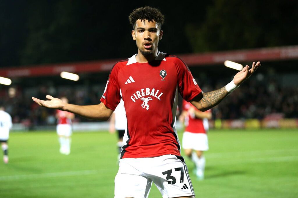 Francis Okoronkwo Celebrates scording on his Salford City debut