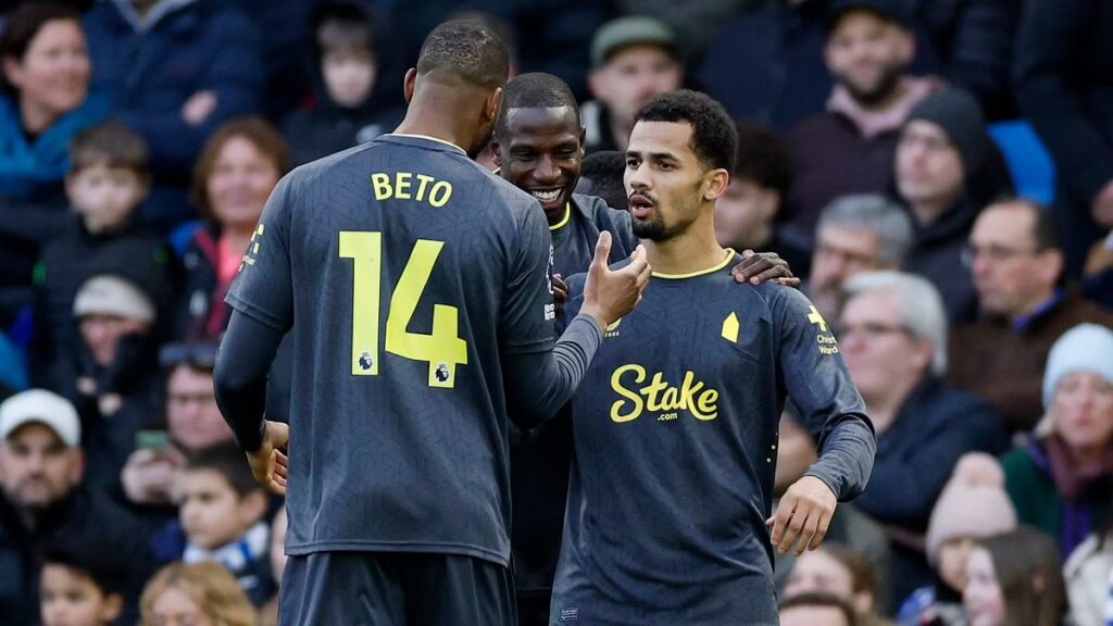 Iliman Ndiaye celebrating with his Everton team mates after scoring the winning goal against Brighton last weekend.