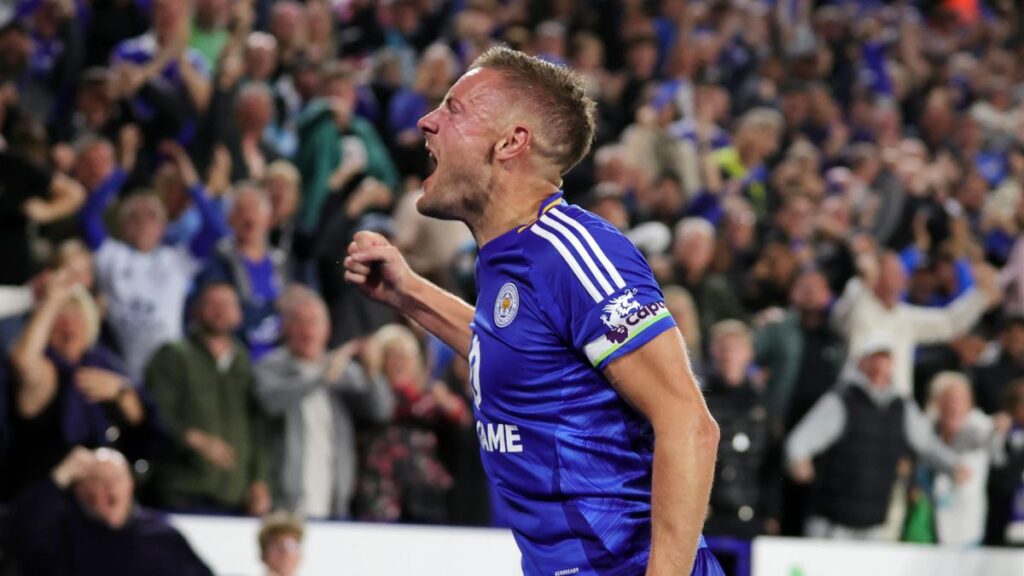 Leicester captain Jamie Vardy celebrates after scoring against Tottenham.